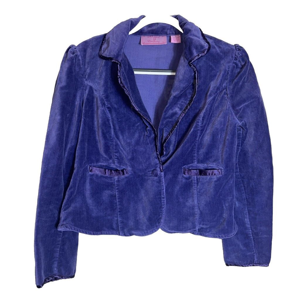 Andrew & Company Jacket Womens Medium Purple‎ Velvet Blazer Satin Piping
